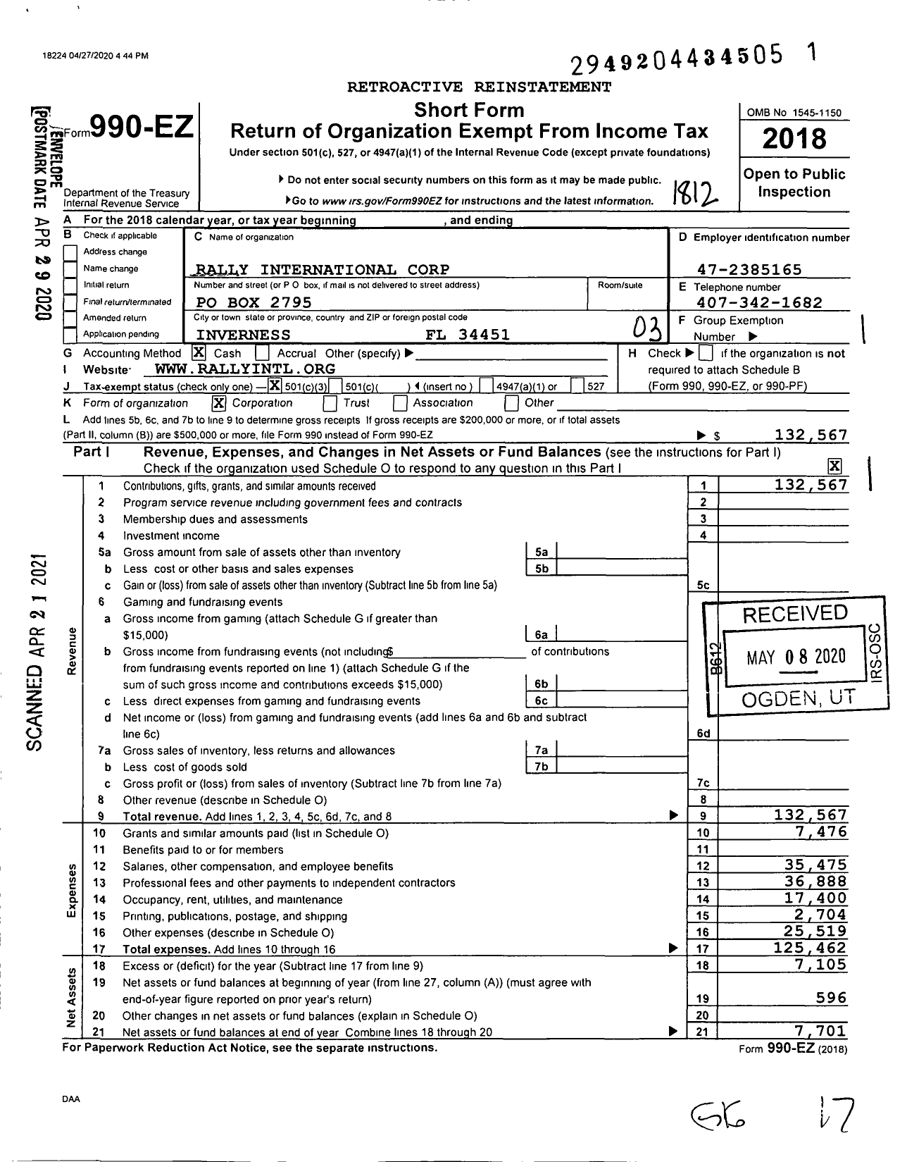 Image of first page of 2018 Form 990EZ for Rally International Corporation