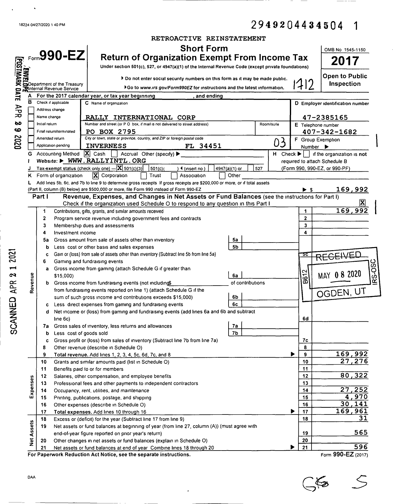 Image of first page of 2017 Form 990EZ for Rally International Corporation