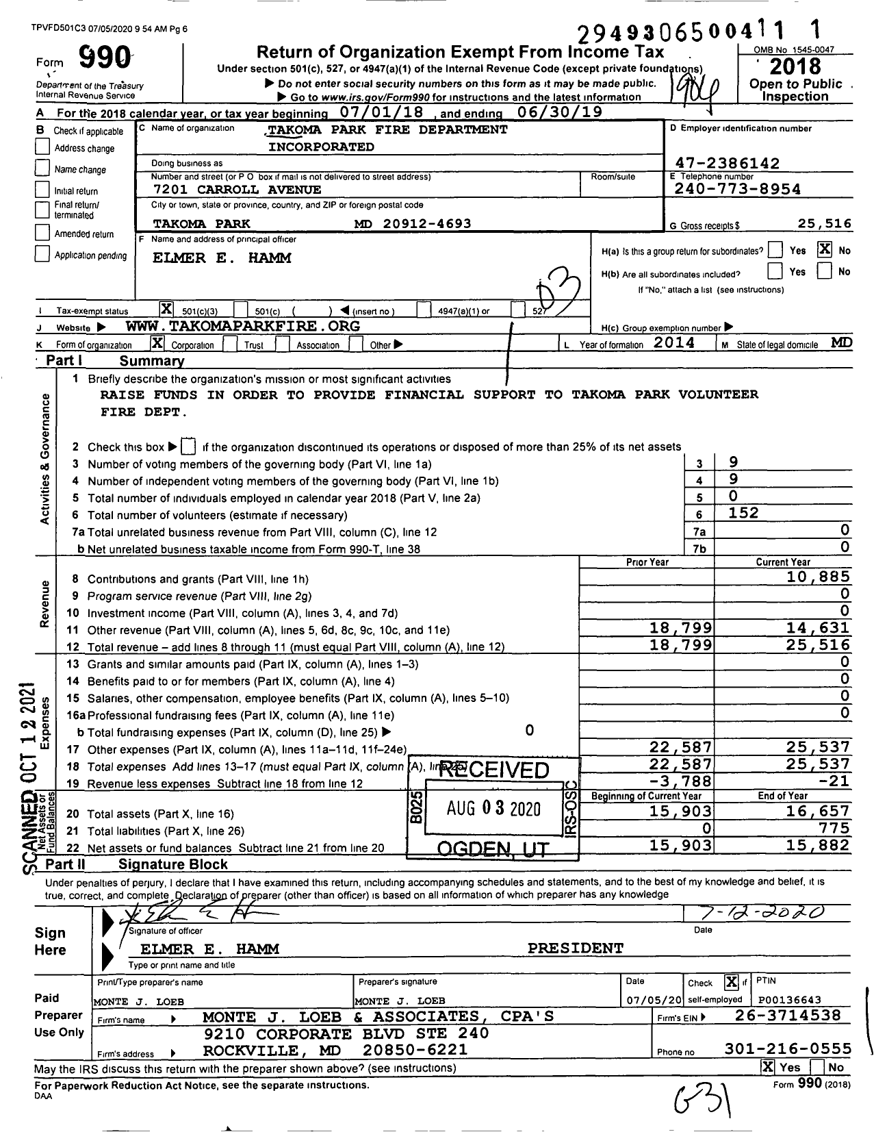 Image of first page of 2018 Form 990 for Takoma Park Fire Department Incorporated