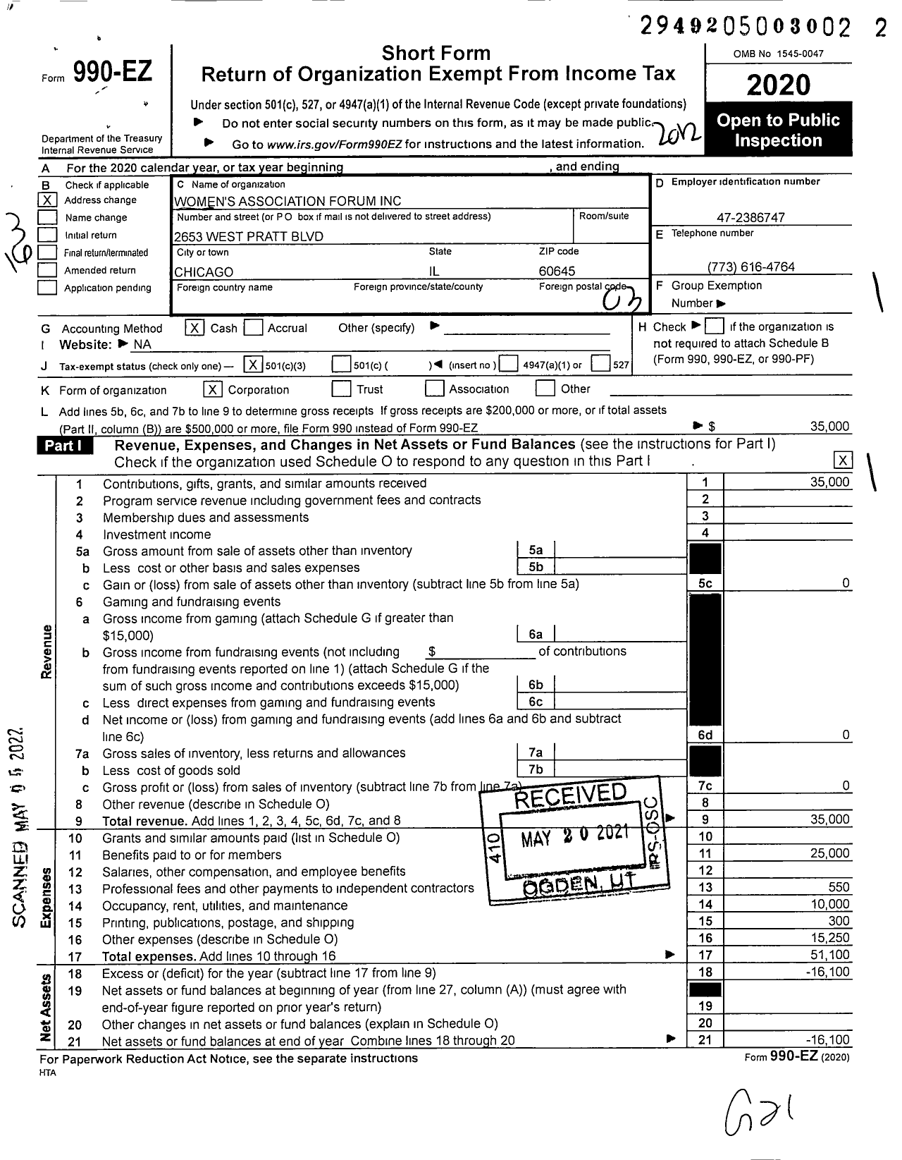 Image of first page of 2020 Form 990EZ for Women's Association Forum