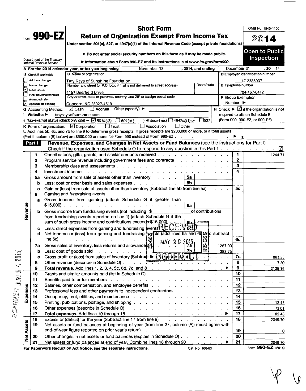 Image of first page of 2014 Form 990EZ for Tiny Rays of Sunshine Foundation