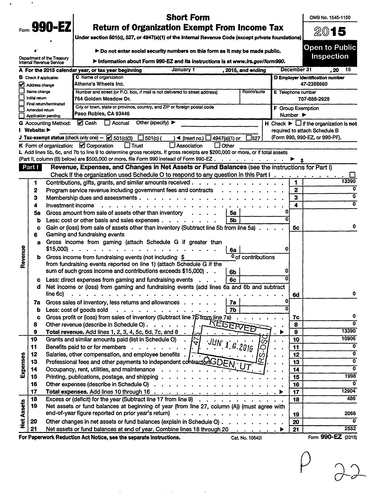 Image of first page of 2015 Form 990EZ for Athenas Wheels