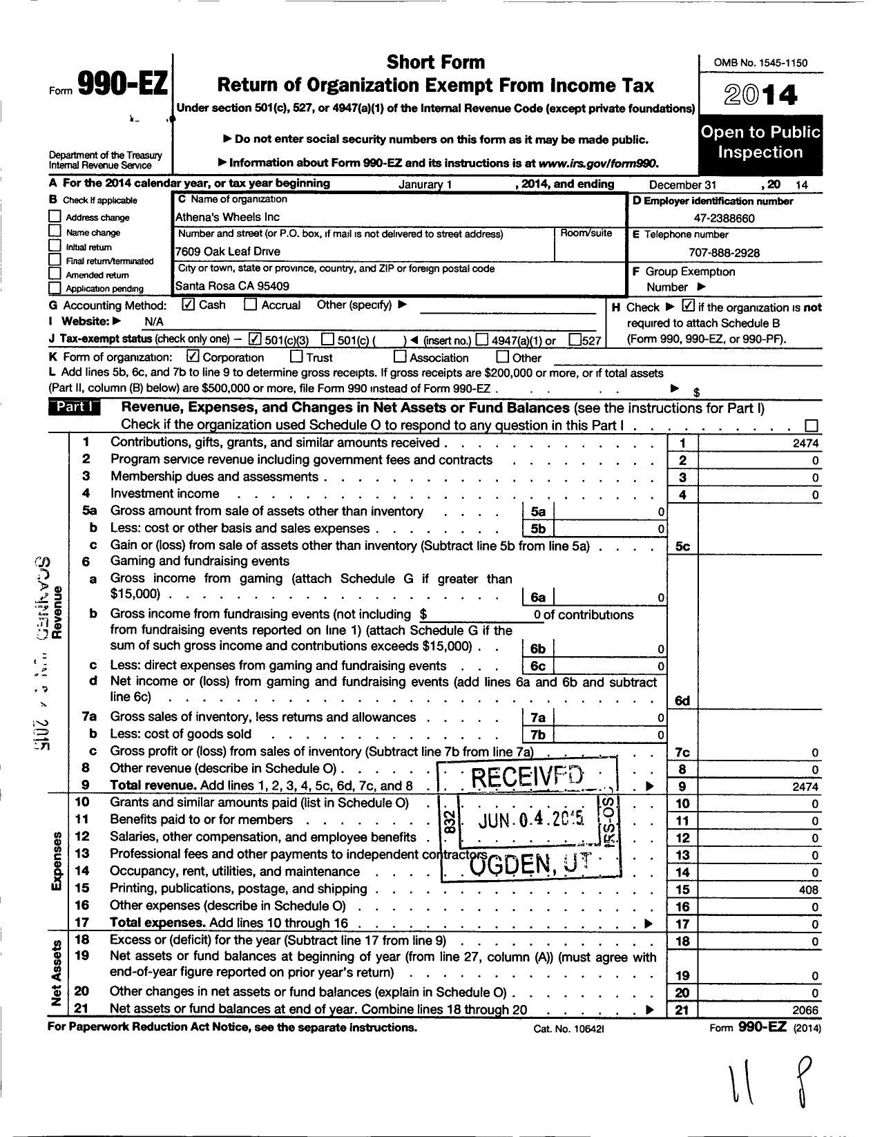 Image of first page of 2014 Form 990EZ for Athenas Wheels