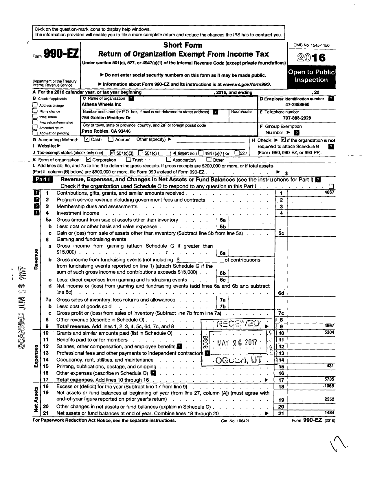 Image of first page of 2016 Form 990EZ for Athenas Wheels