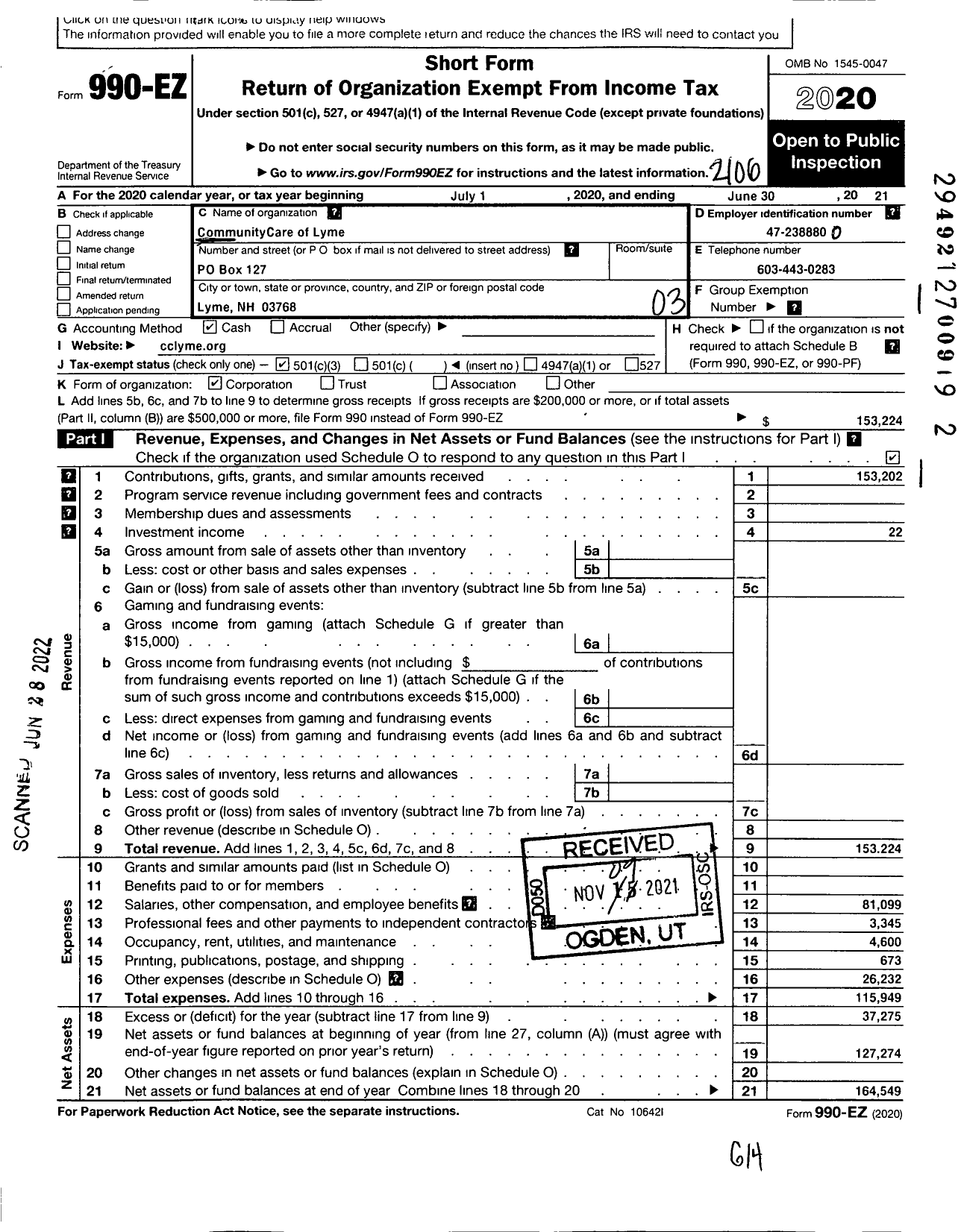 Image of first page of 2020 Form 990EZ for Communitycare of Lyme