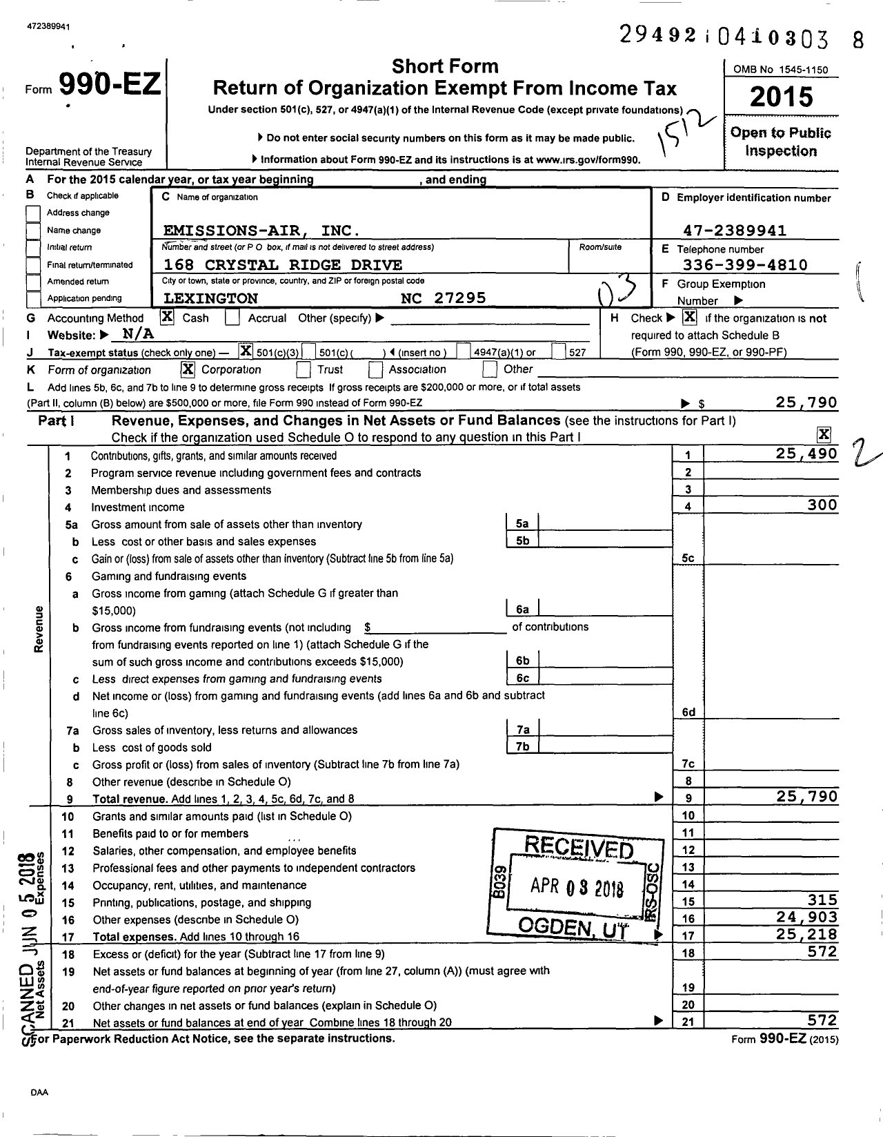 Image of first page of 2015 Form 990EZ for Emission-Air