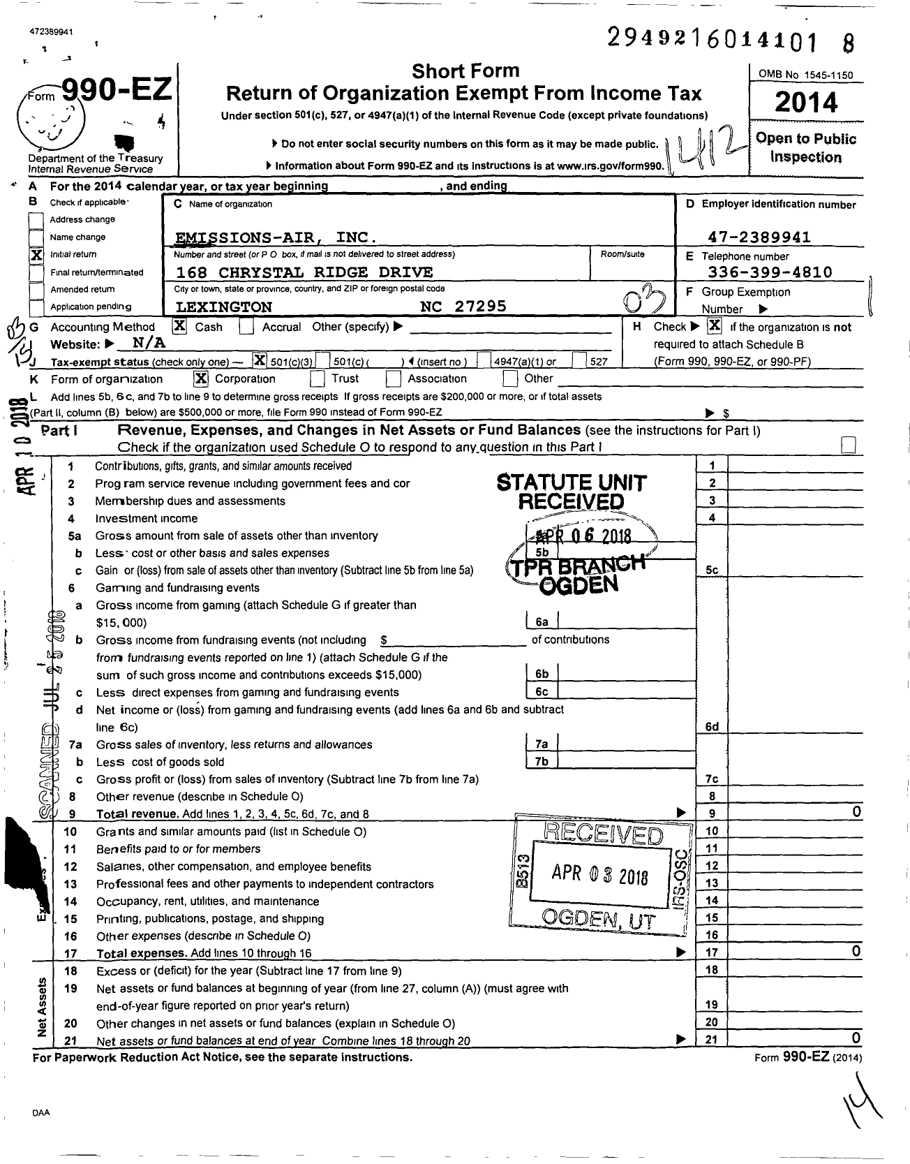 Image of first page of 2014 Form 990EZ for Emission-Air