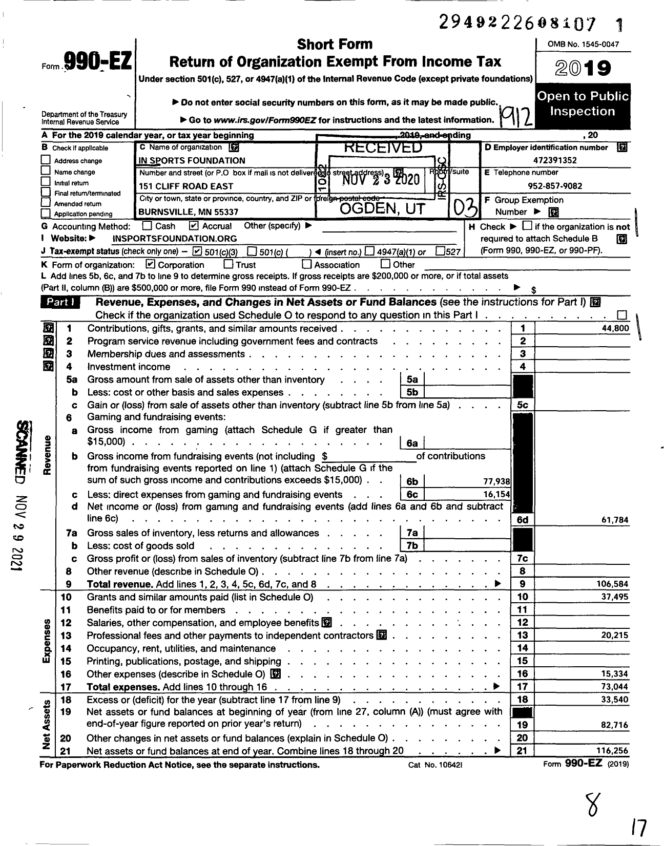 Image of first page of 2019 Form 990EZ for In Sports Foundation