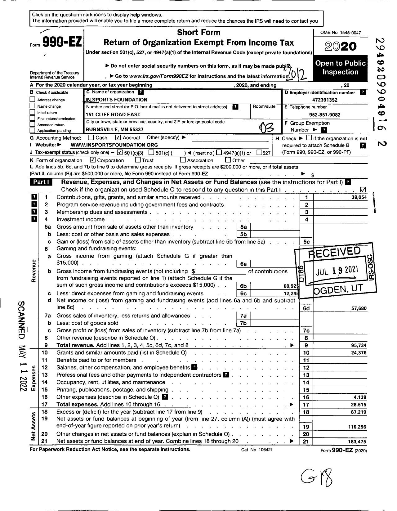 Image of first page of 2020 Form 990EZ for In Sports Foundation