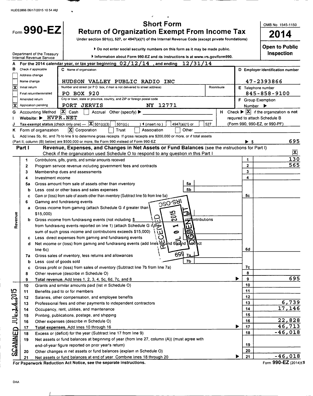 Image of first page of 2014 Form 990EZ for Hudson Valley Public Radio