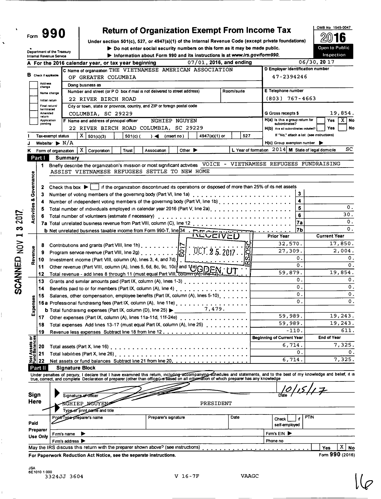 Image of first page of 2016 Form 990 for Vietnamese-American Association of Greater Columbia