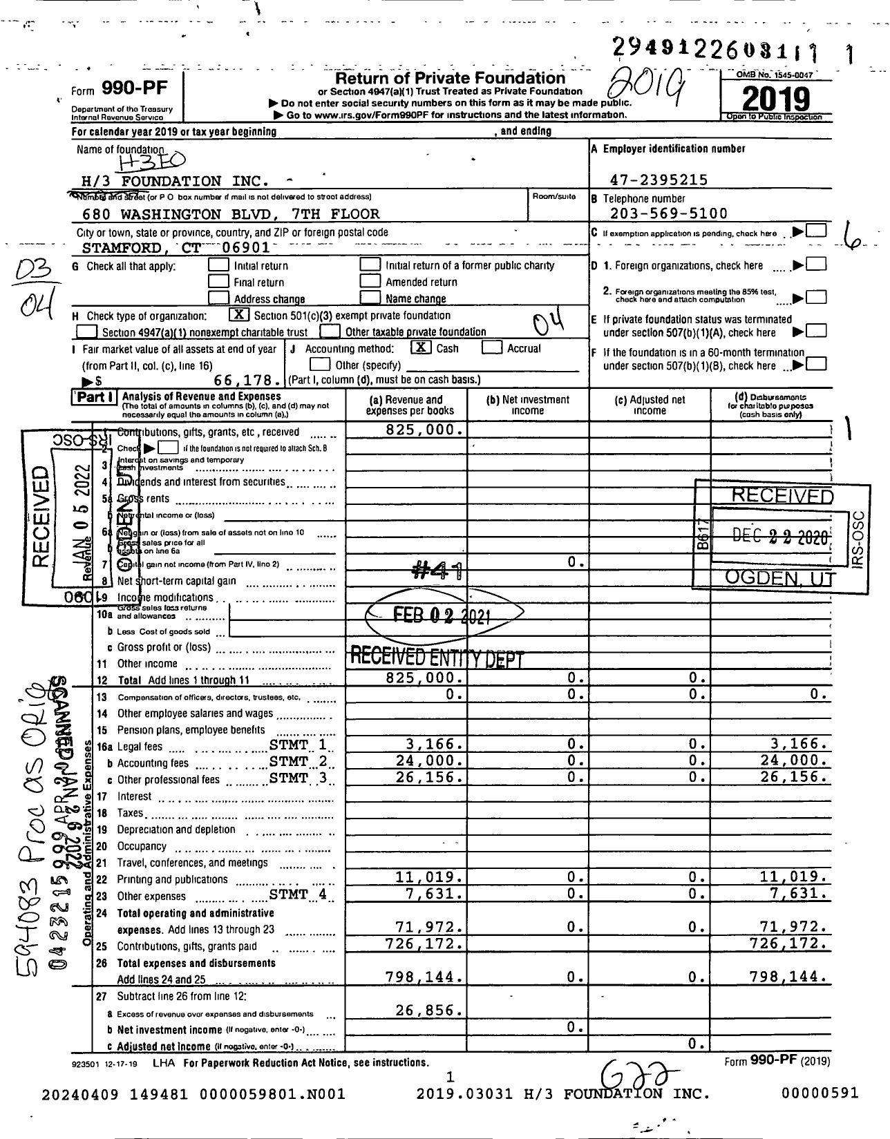 Image of first page of 2019 Form 990PF for H3 Foundation