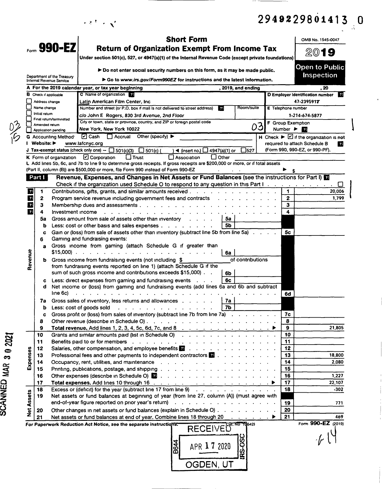 Image of first page of 2019 Form 990EZ for Latin American Film Center