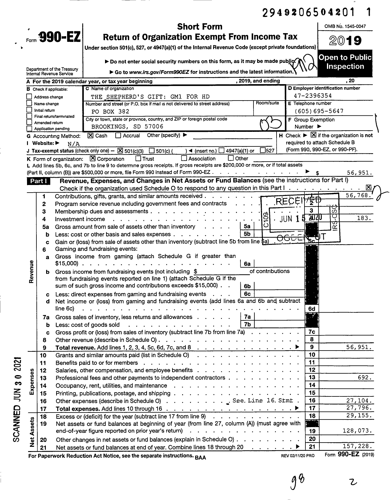 Image of first page of 2019 Form 990EZ for The Shepherd's Gift GM1 for HD