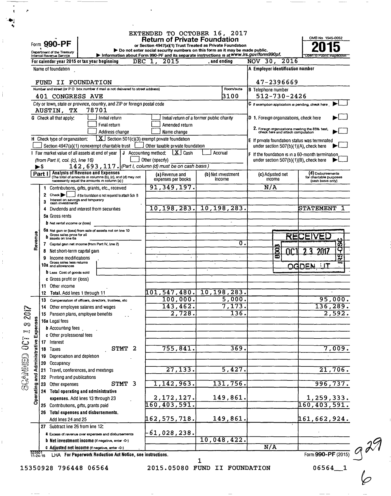 Image of first page of 2015 Form 990PF for Fund Ii Foundation