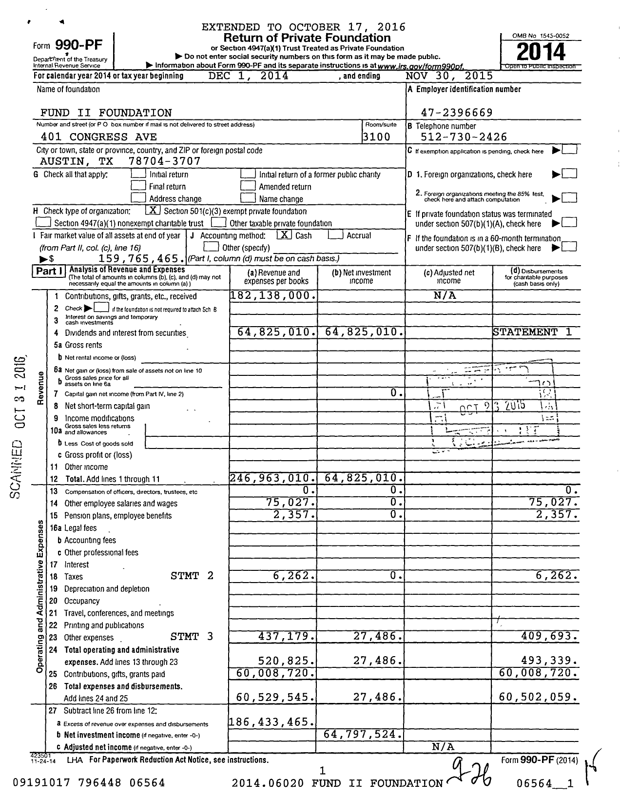 Image of first page of 2014 Form 990PF for Fund Ii Foundation