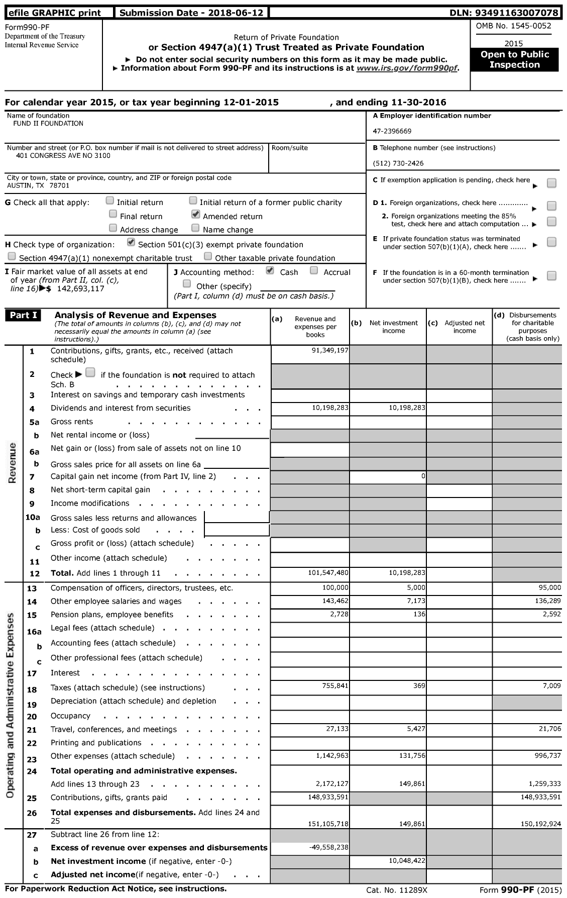 Image of first page of 2015 Form 990PF for Fund Ii Foundation