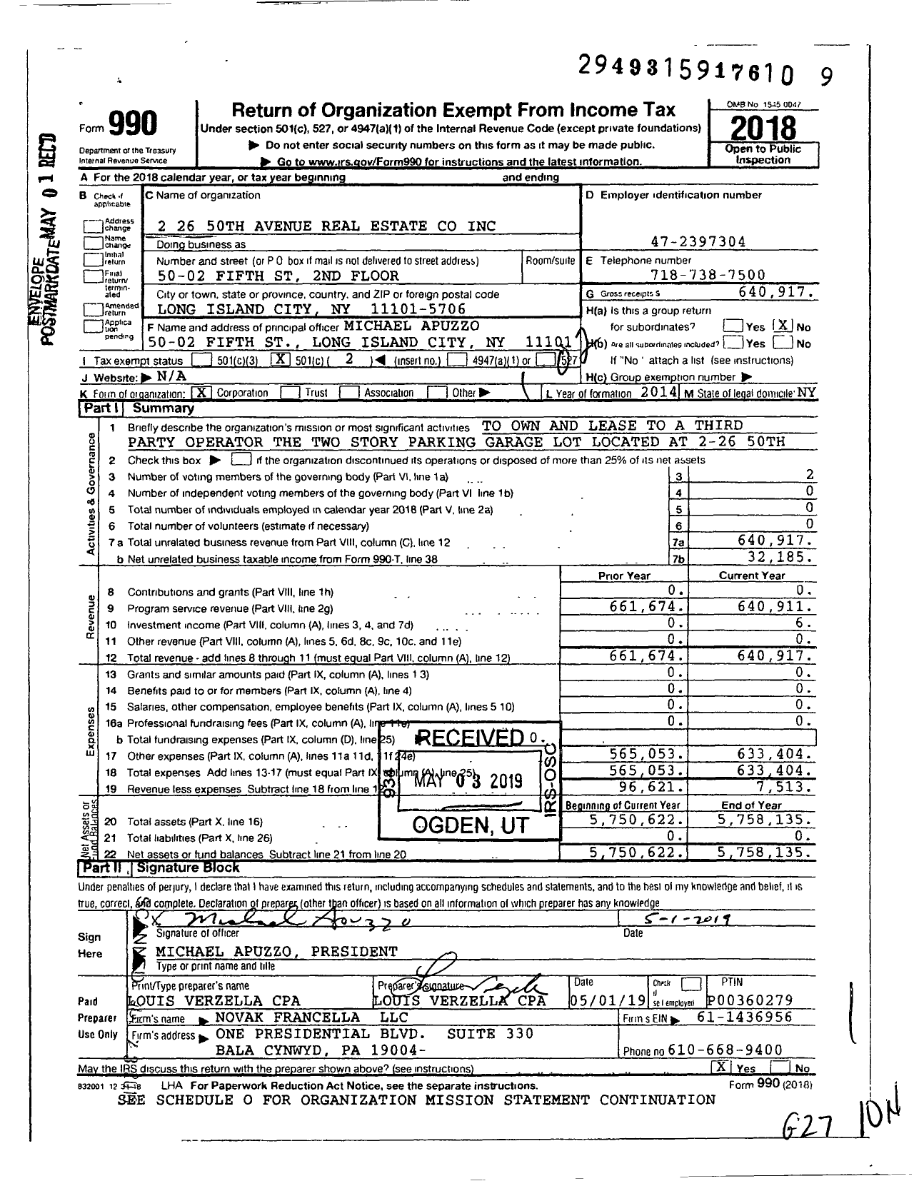 Image of first page of 2018 Form 990O for 2 26 50th Avenue Real Estate