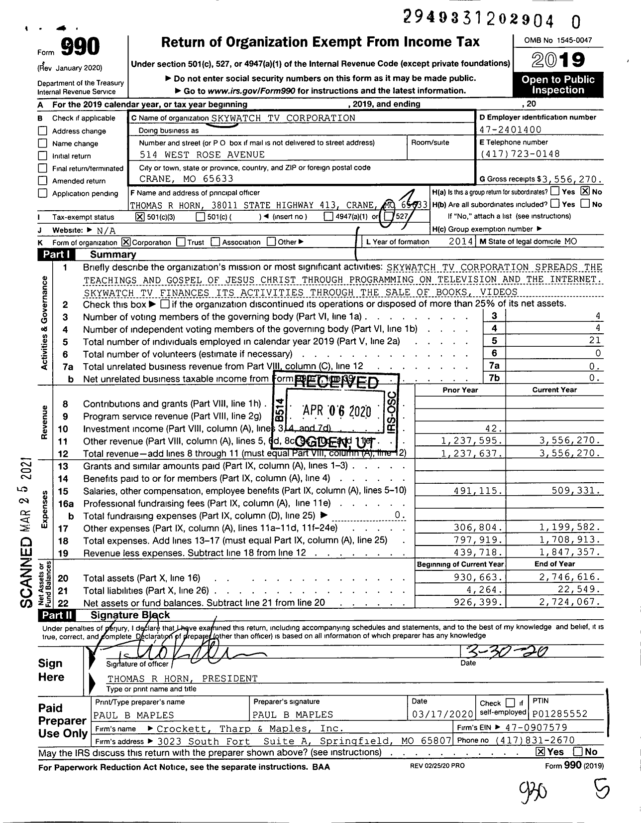 Image of first page of 2019 Form 990 for Skywatch TV Corporation