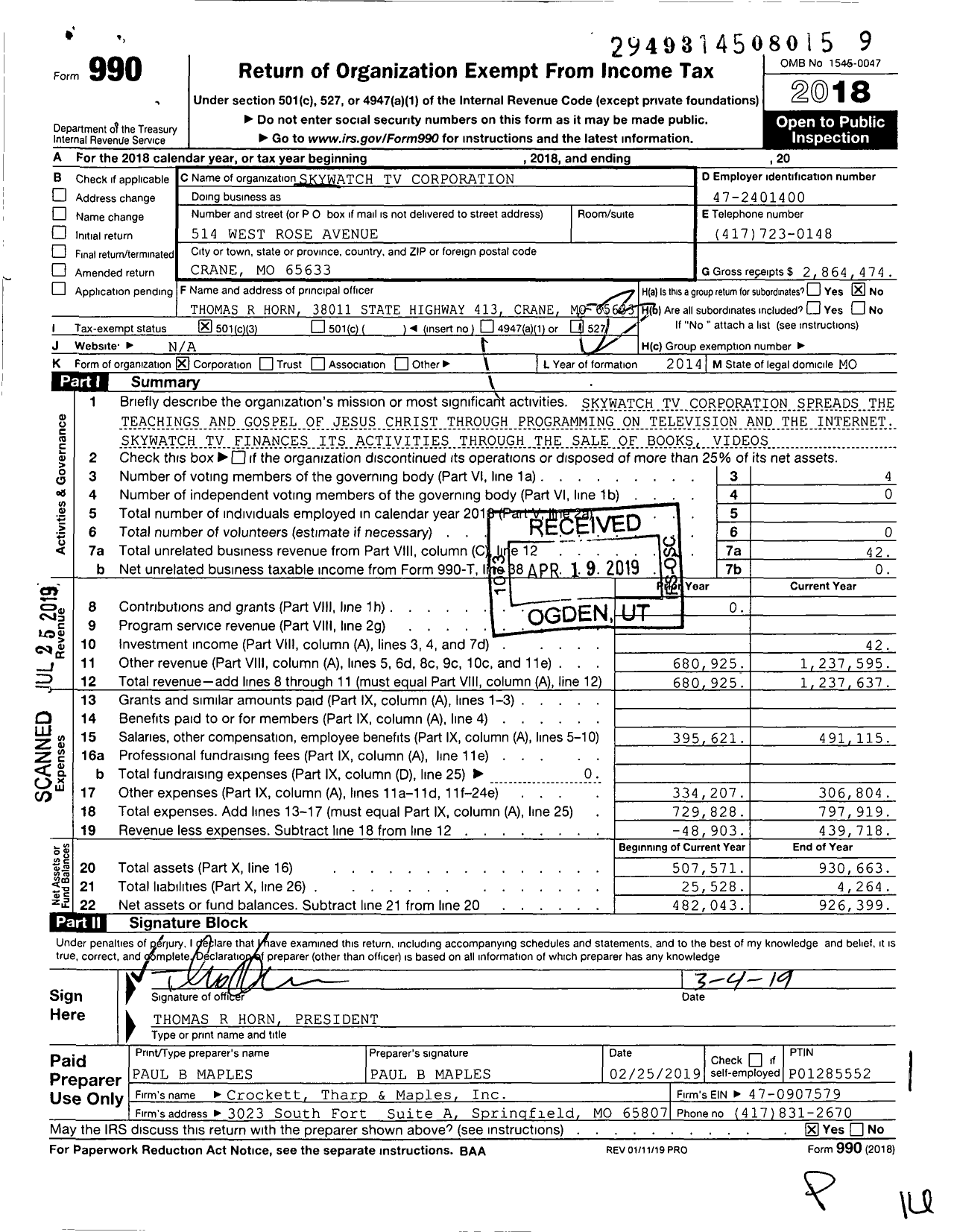 Image of first page of 2018 Form 990 for Skywatch TV Corporation