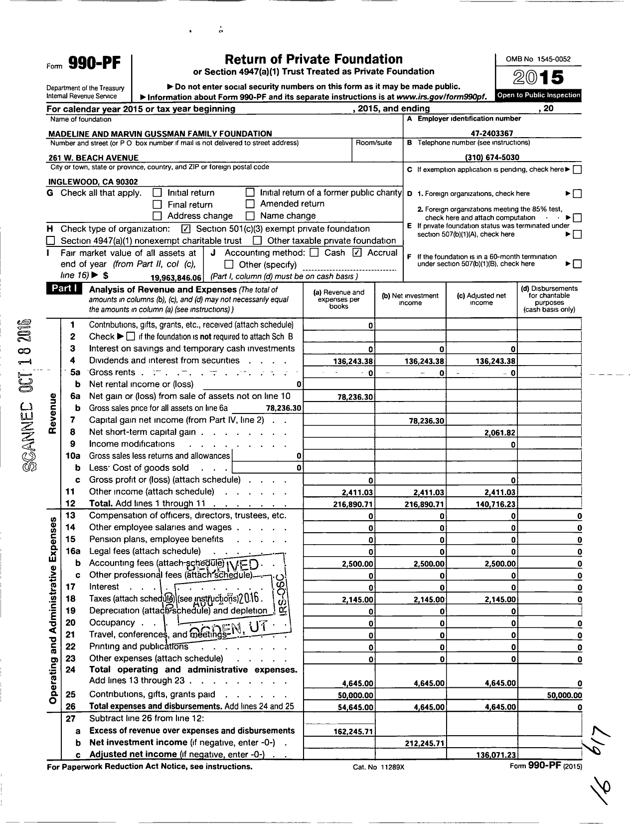 Image of first page of 2015 Form 990PF for Madeline and Marvin Gussman Family Foundation