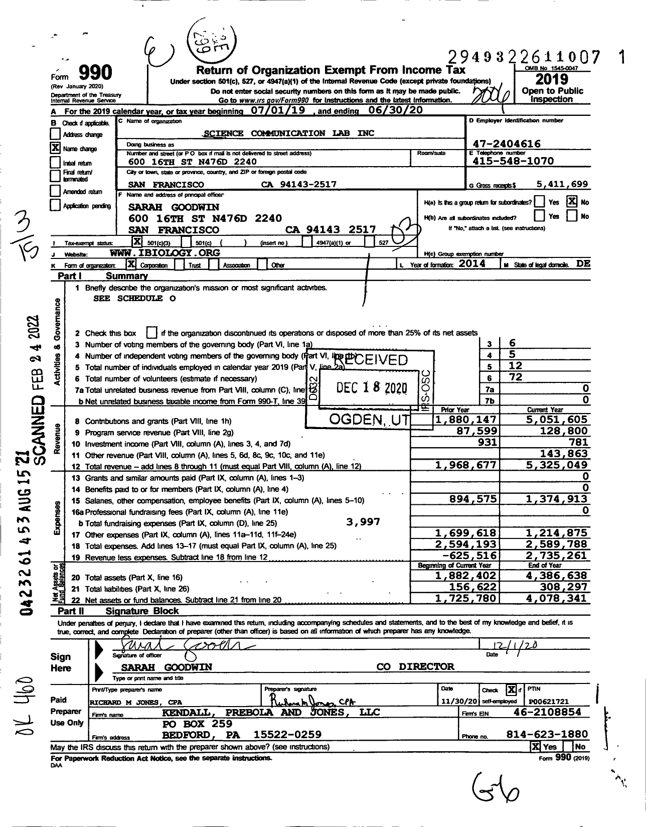 Image of first page of 2019 Form 990 for Science Communication Lab