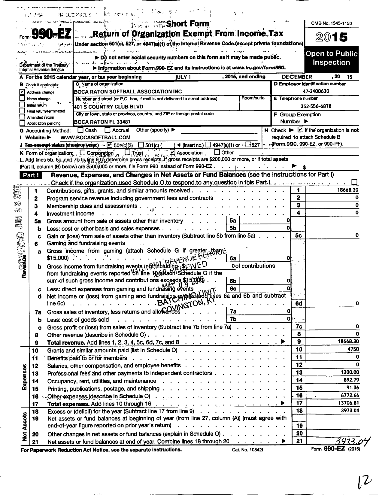 Image of first page of 2015 Form 990EZ for Boca Raton Softball Association