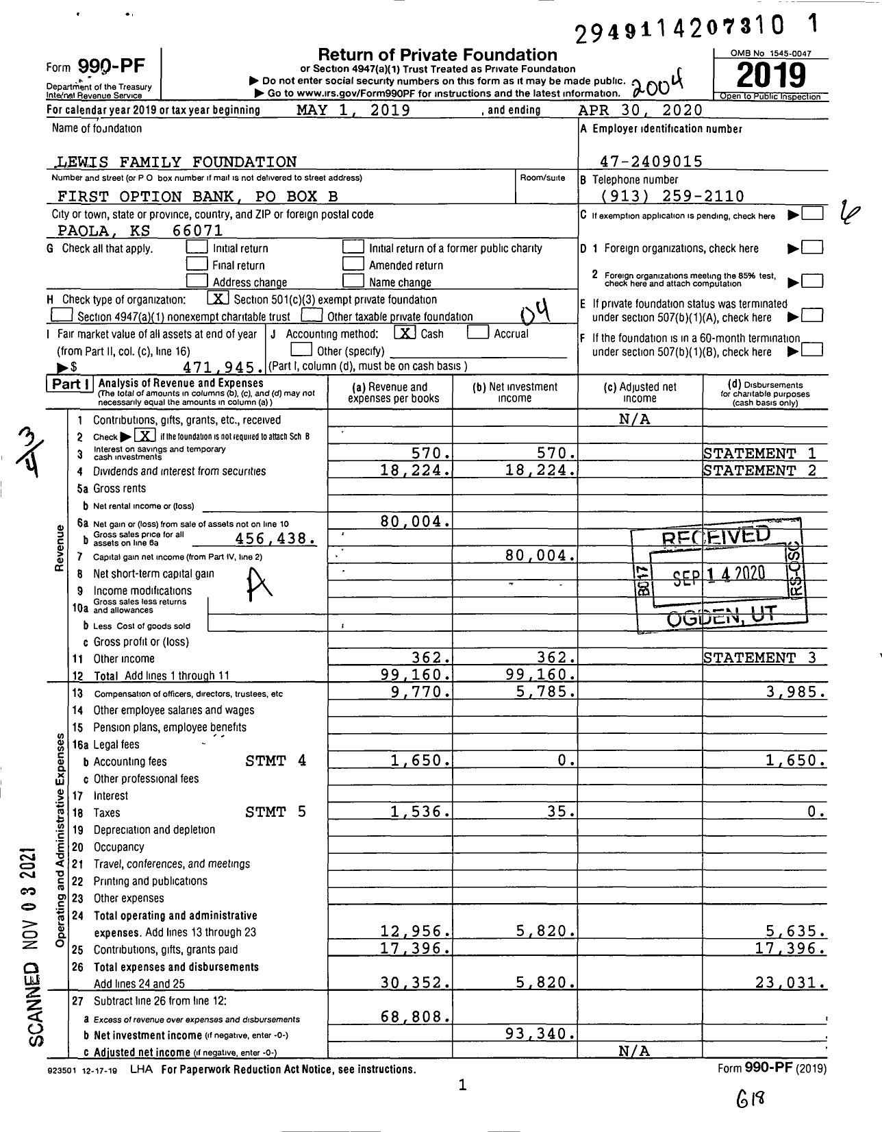 Image of first page of 2019 Form 990PF for Lewis Family Foundation