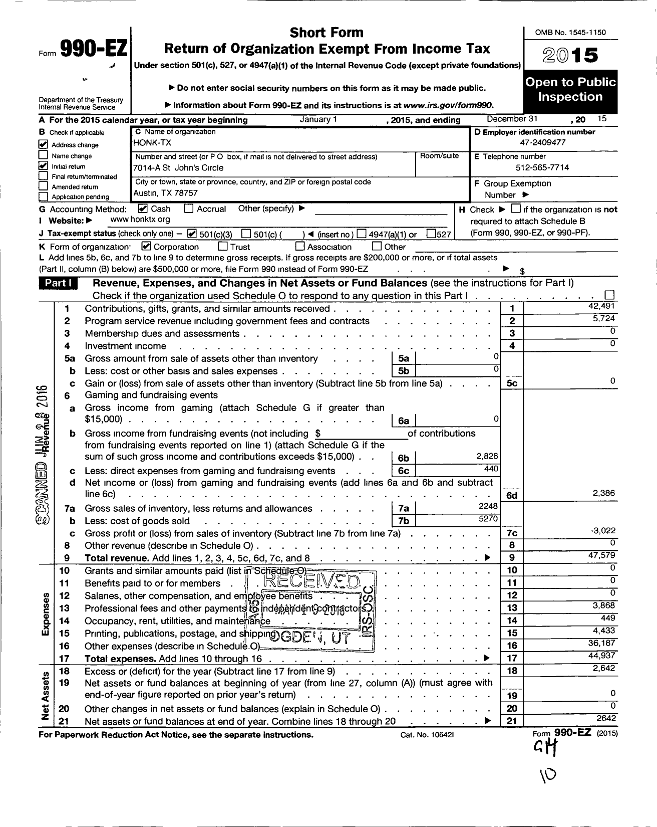 Image of first page of 2015 Form 990EZ for Honktx