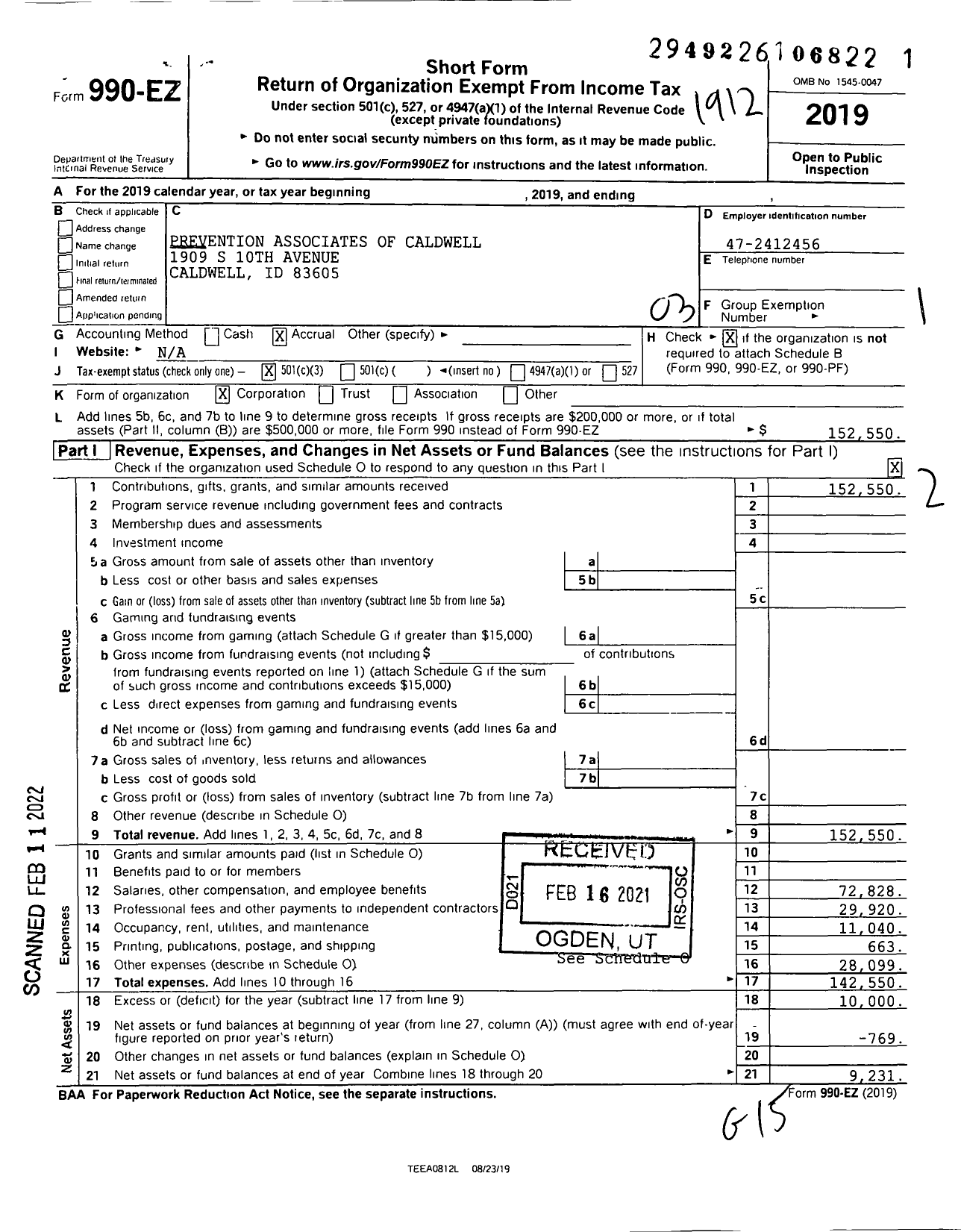 Image of first page of 2019 Form 990EZ for Prevention Associates of Caldwell