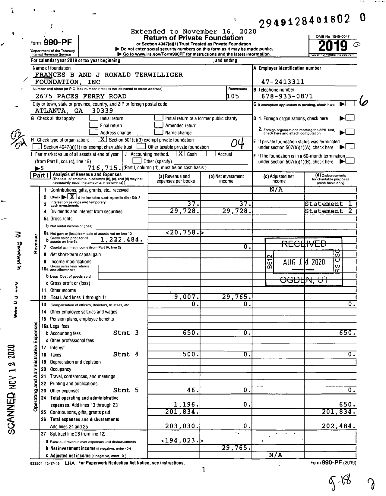 Image of first page of 2019 Form 990PF for Frances B and J Ronald Terwilliger Foundation