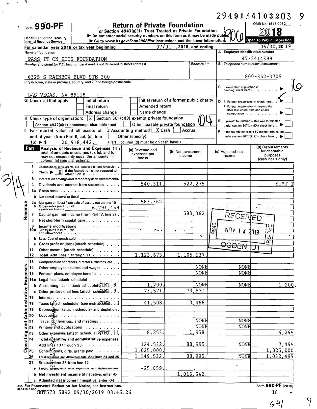 Image of first page of 2018 Form 990PF for Pass It on To Kids Foundation