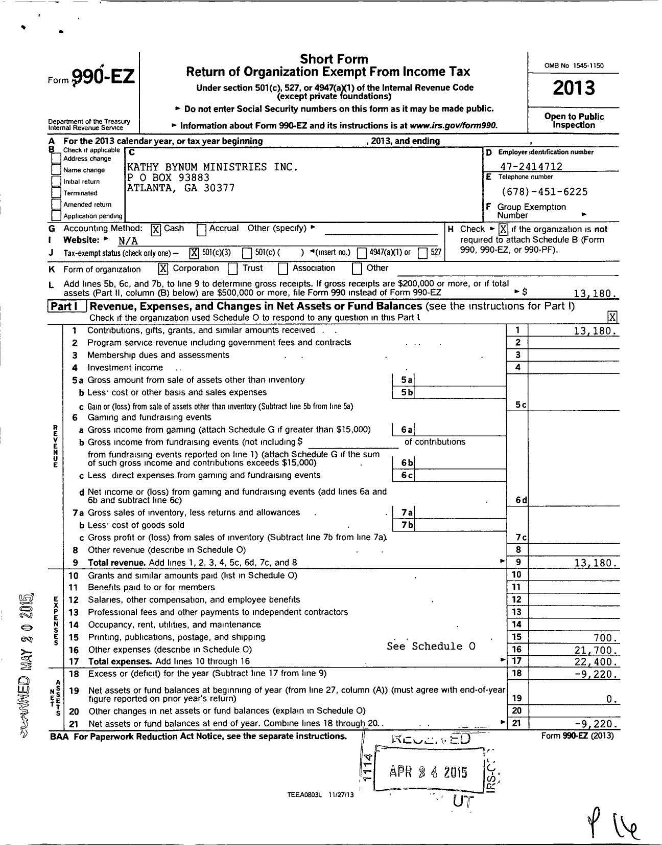 Image of first page of 2013 Form 990EZ for Kathy Bynum Ministries