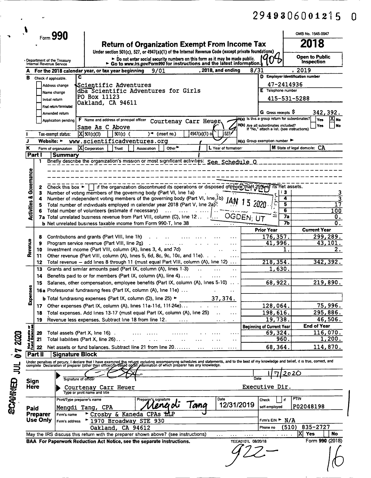 Image of first page of 2018 Form 990 for Scientific Adventures for Girls