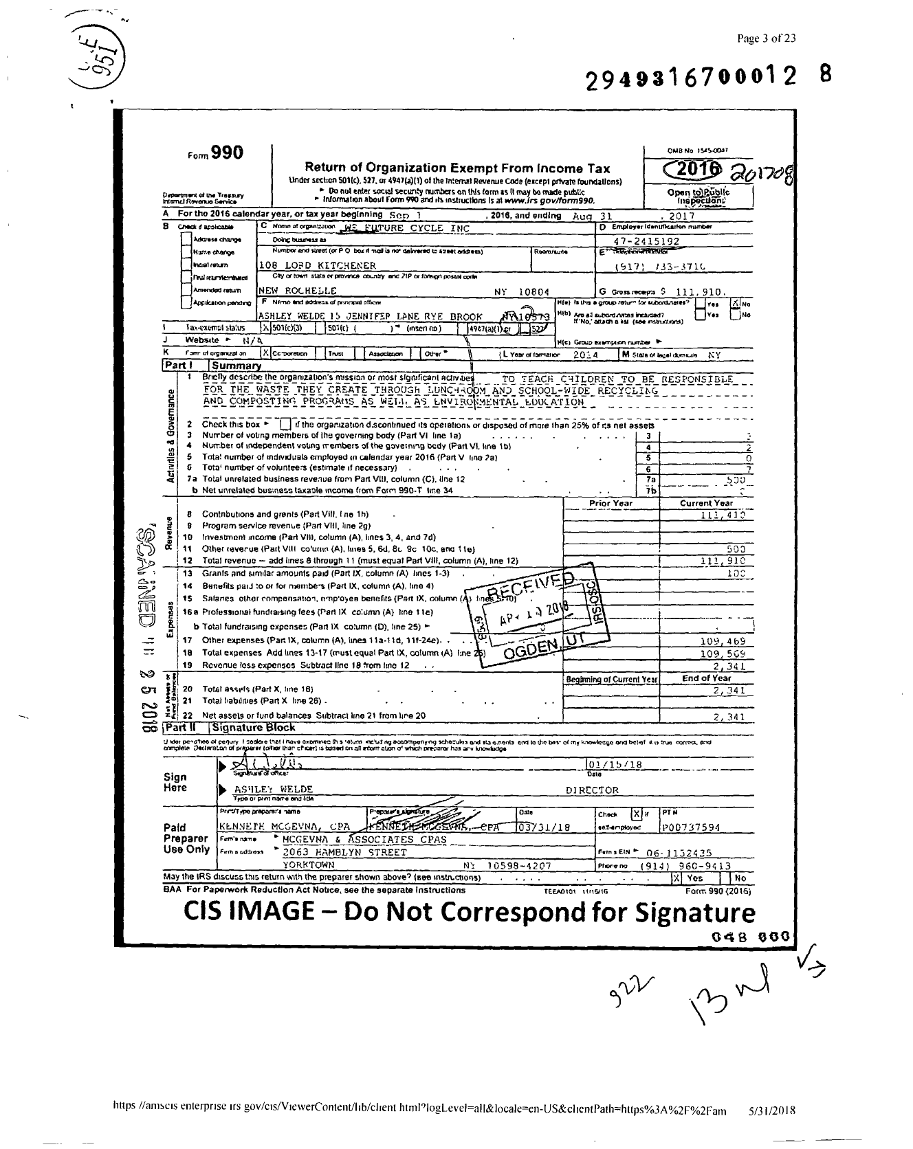 Image of first page of 2016 Form 990 for We Future Cycle