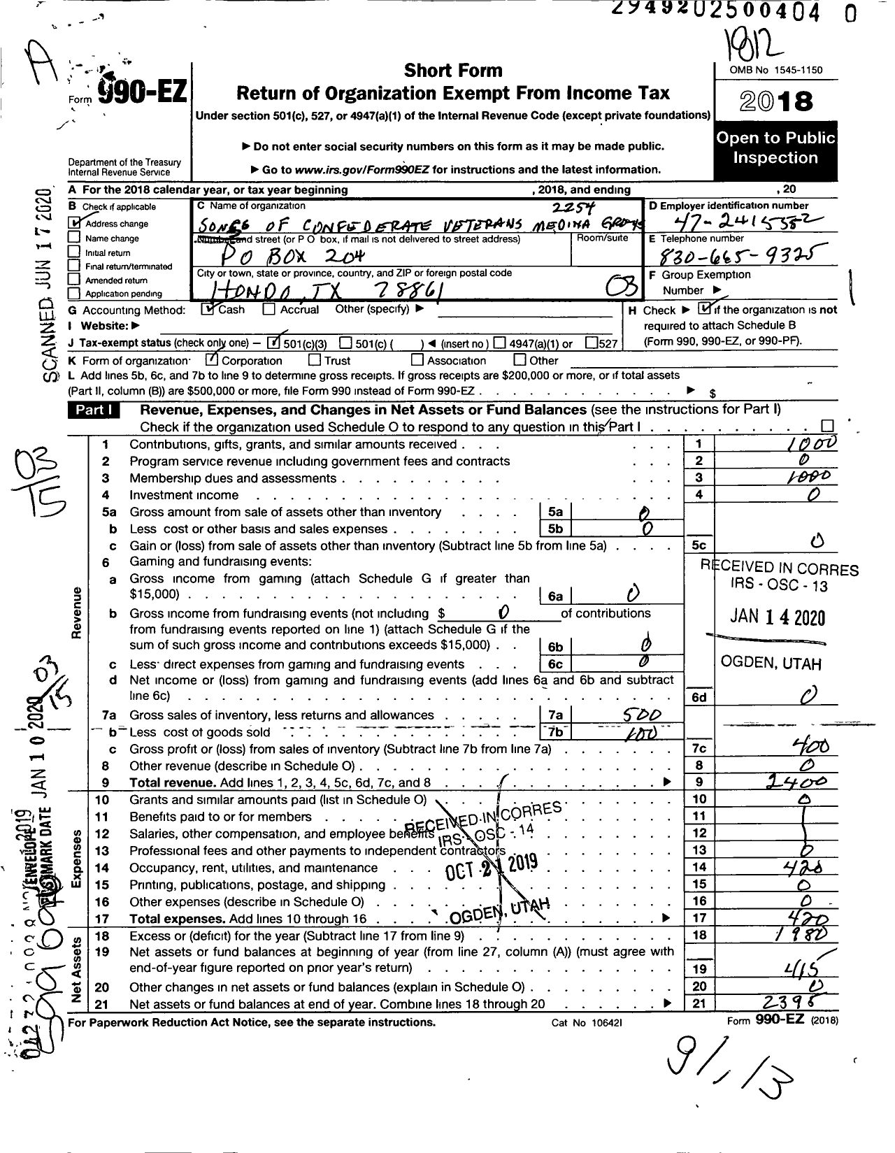 Image of first page of 2018 Form 990EZ for Sons of Confederate Veterans