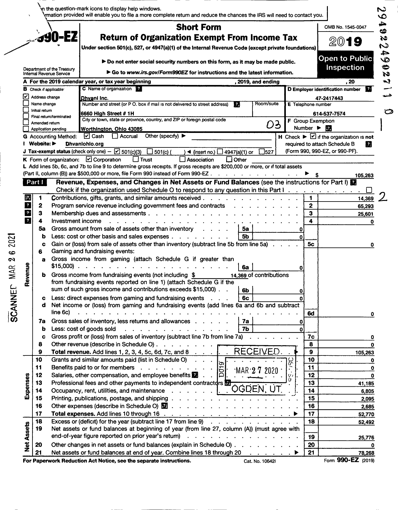 Image of first page of 2019 Form 990EZ for Dhvani