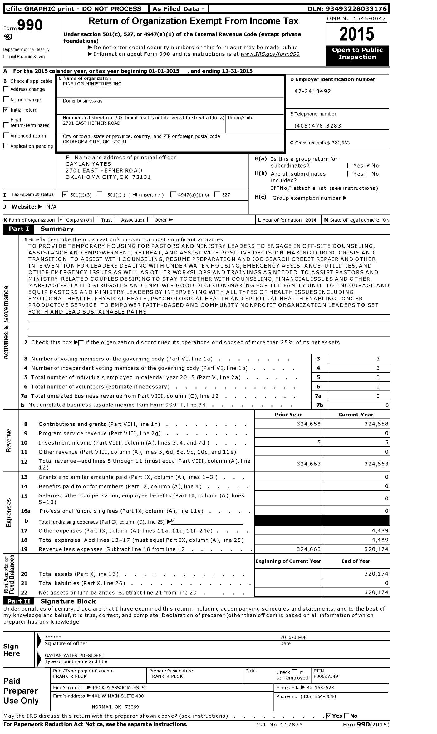 Image of first page of 2015 Form 990 for Pine Log Ministries