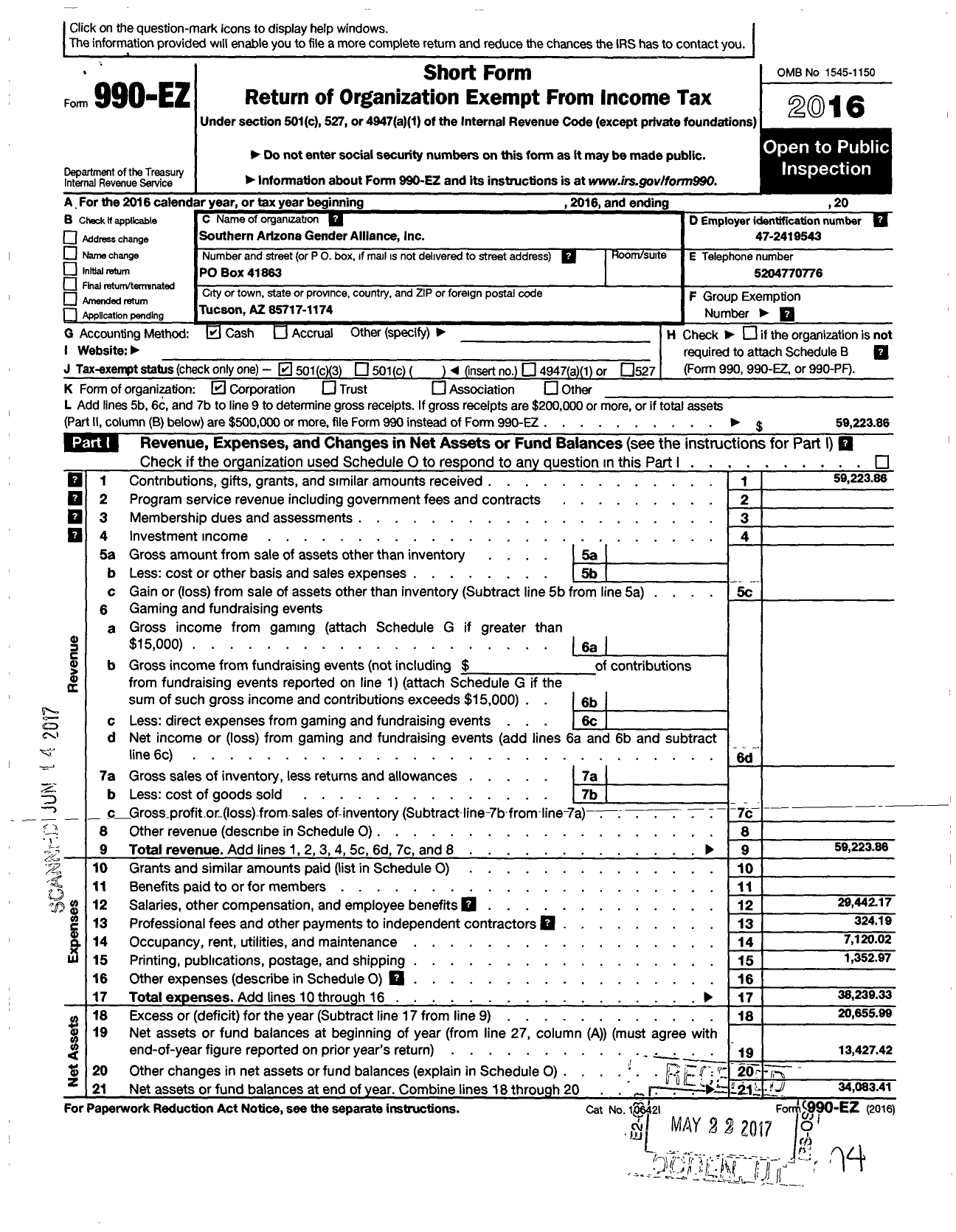 Image of first page of 2016 Form 990EZ for Southern Arizona Gender Alliance