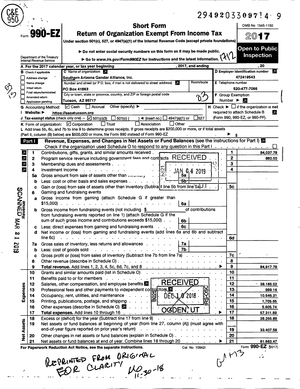 Image of first page of 2017 Form 990EZ for Southern Arizona Gender Alliance