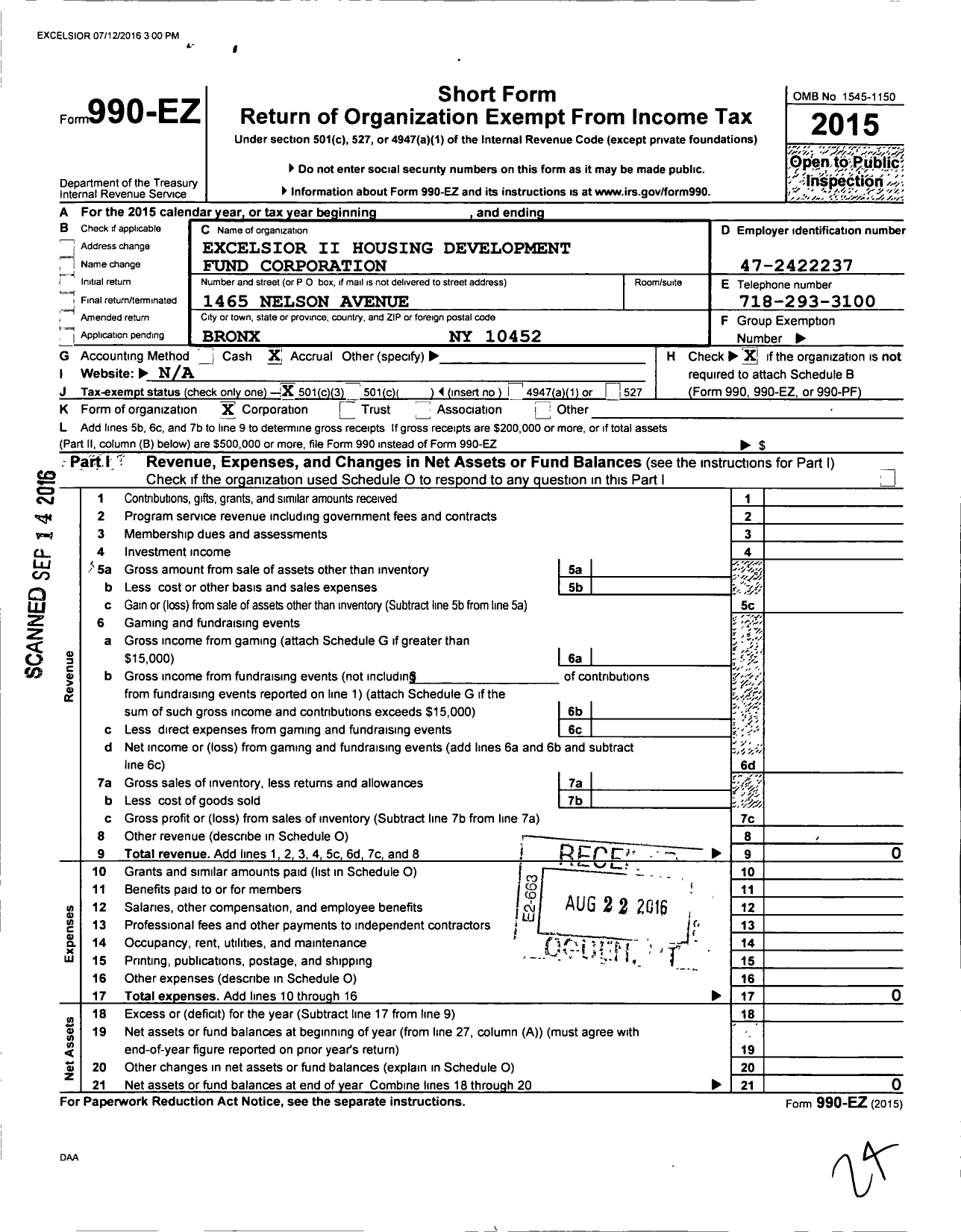 Image of first page of 2015 Form 990EZ for Excelsior Ii Housing Development Fund Corporation