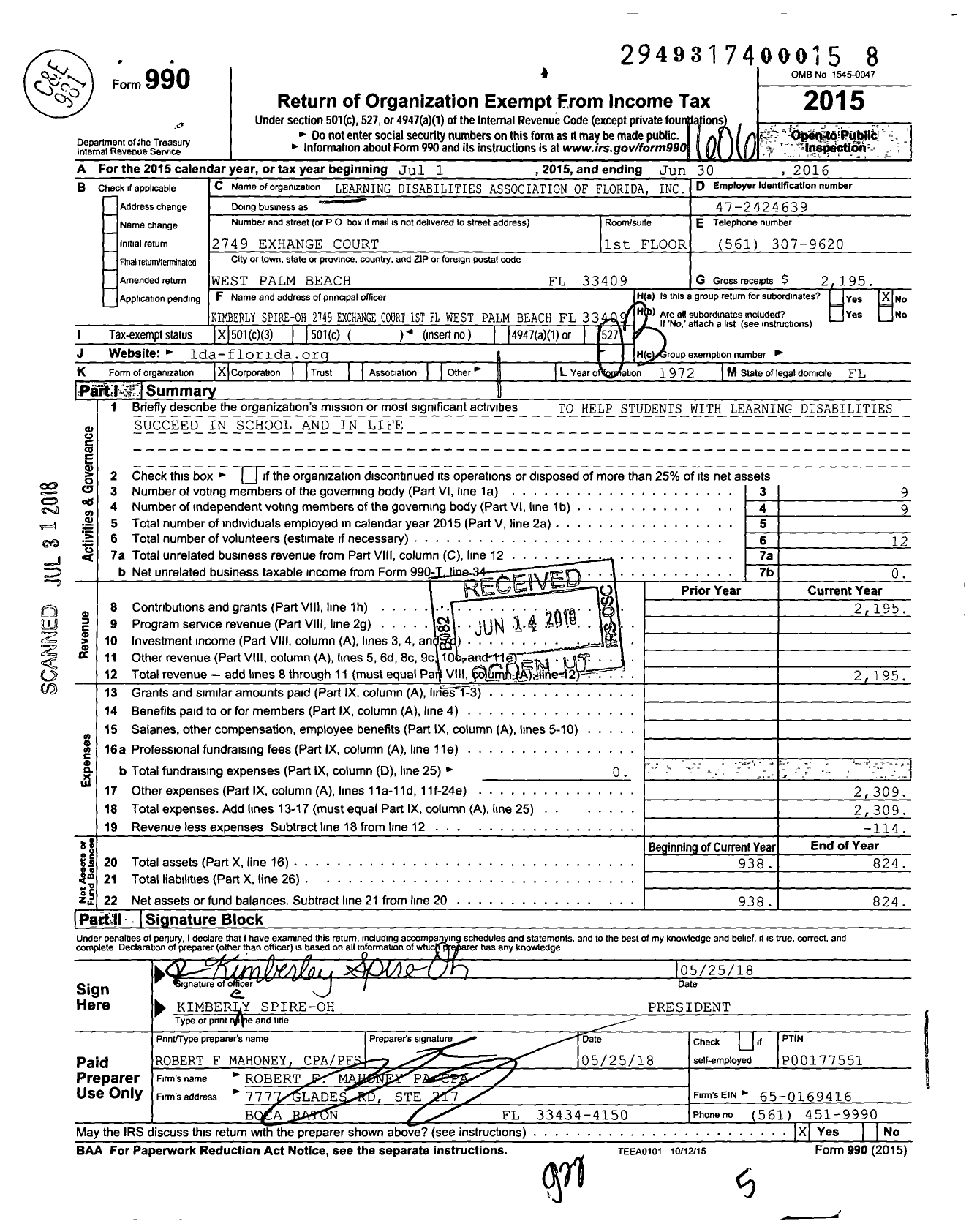 Image of first page of 2015 Form 990 for Learning Disabilities Association of Florida
