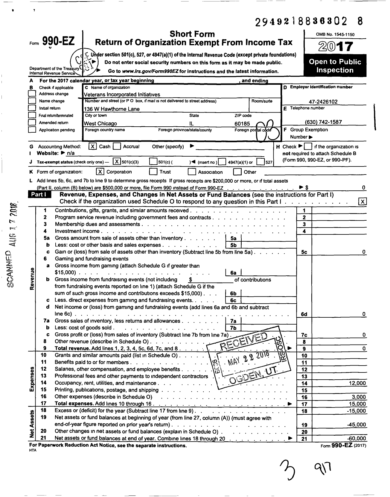 Image of first page of 2017 Form 990EZ for Veterans Incorporated Initiatives