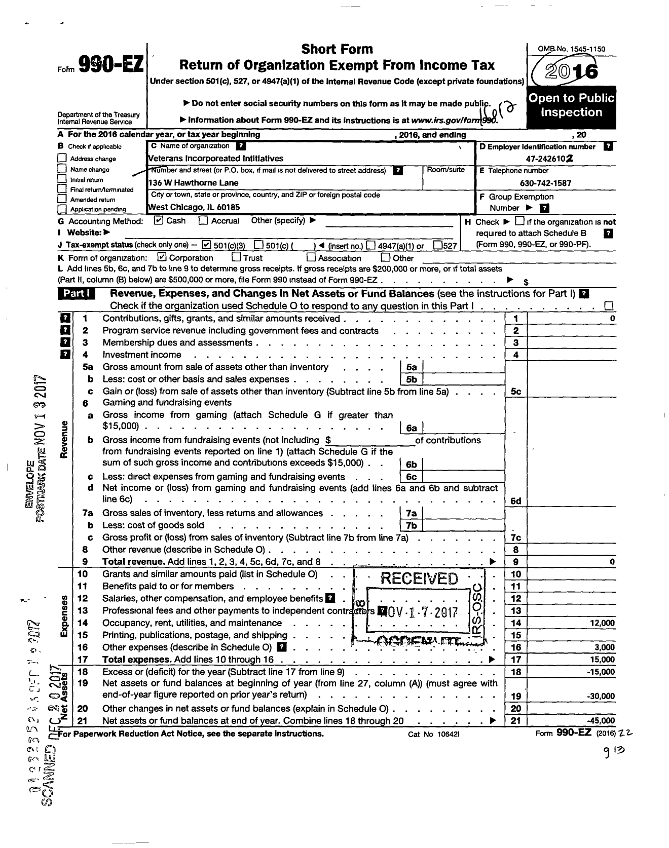 Image of first page of 2016 Form 990EZ for Veterans Incorporated Initiatives