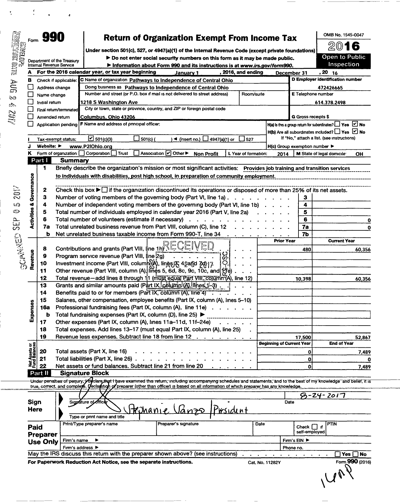 Image of first page of 2016 Form 990 for Pathways to Independence of Central Ohio