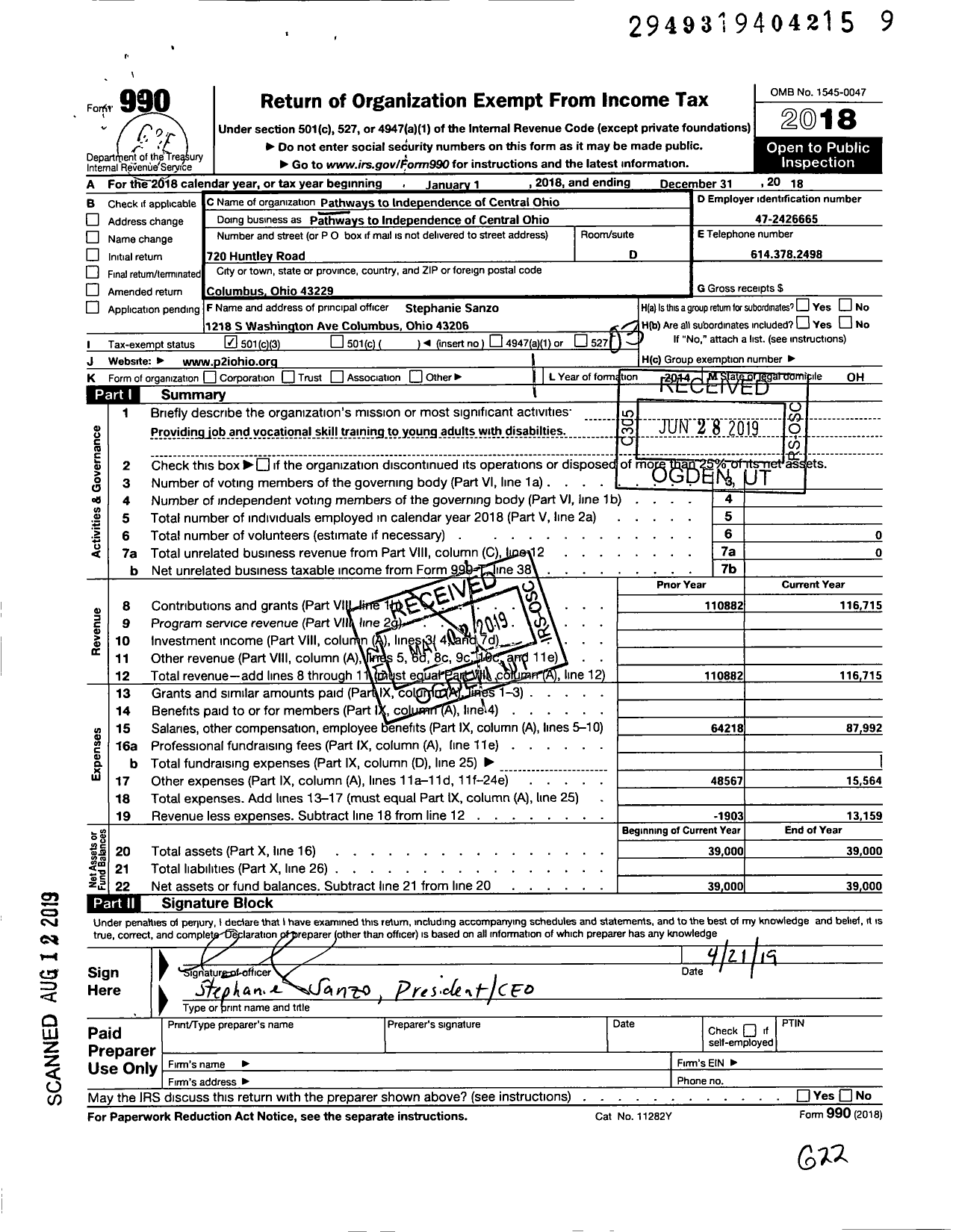 Image of first page of 2018 Form 990 for Pathways to Independence of Central Ohio