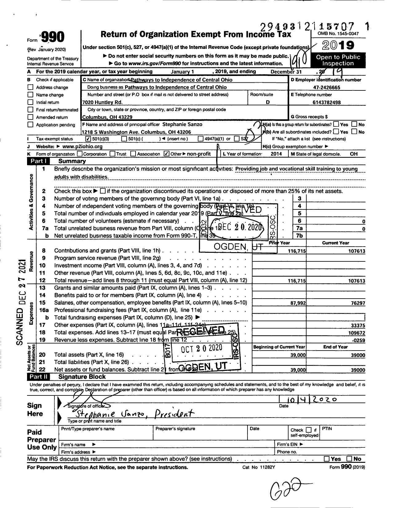 Image of first page of 2019 Form 990 for Pathways to Independence of Central Ohio
