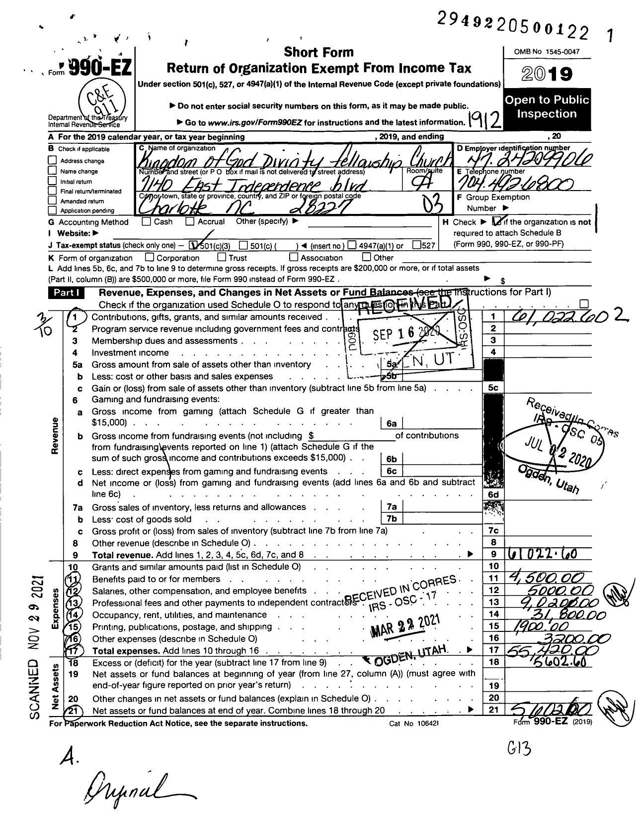 Image of first page of 2019 Form 990EZ for Kingdom of God Divinity Fellowship