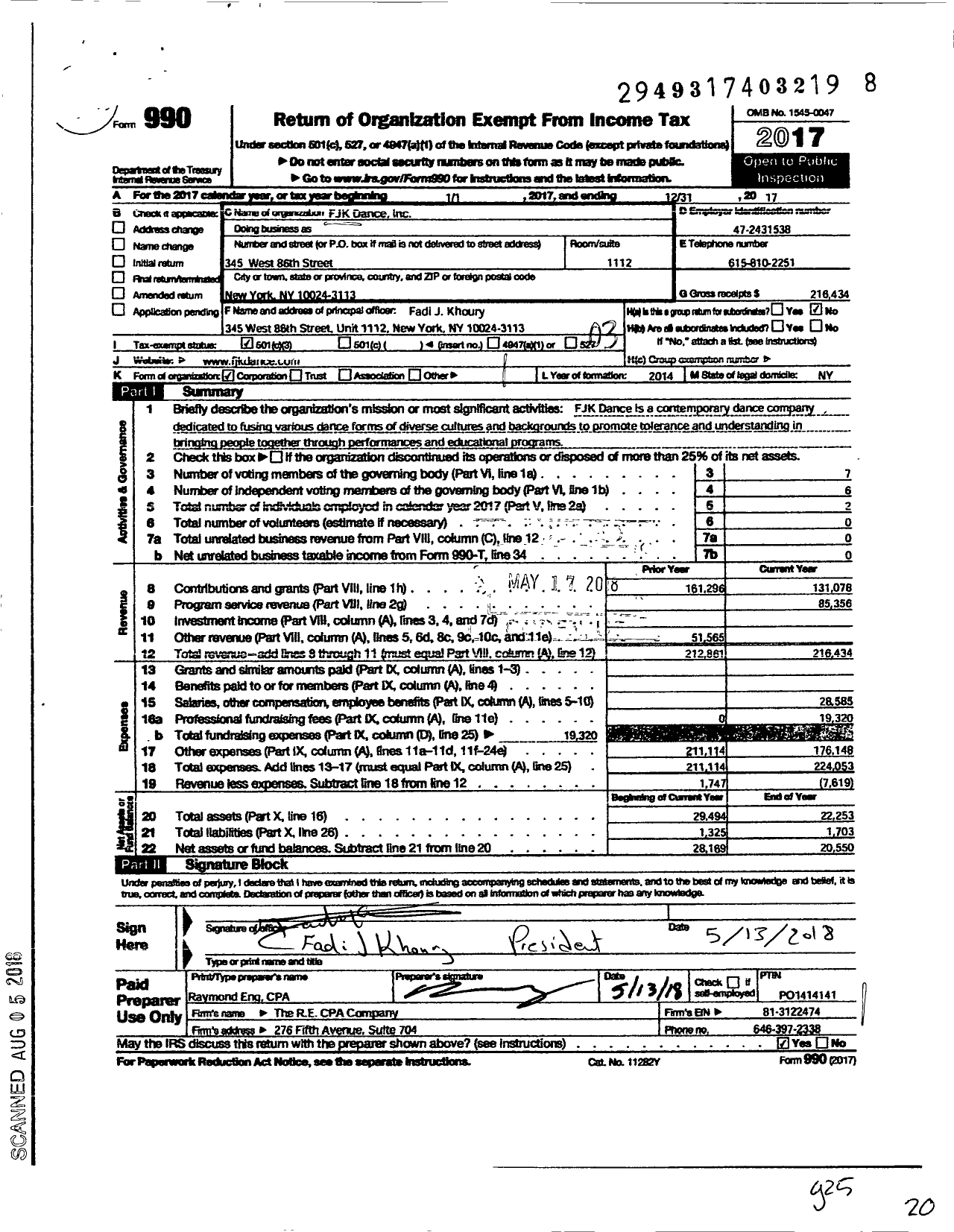 Image of first page of 2017 Form 990 for FJK Dance