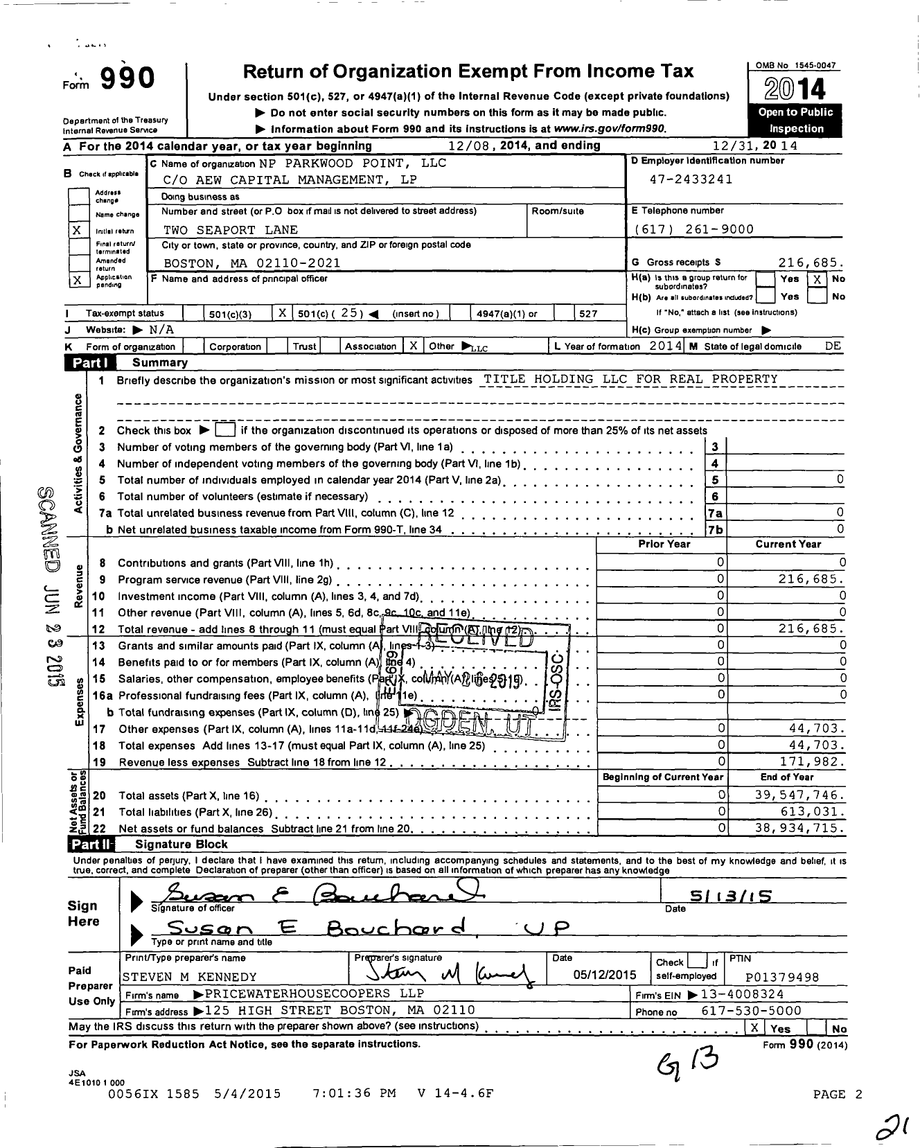 Image of first page of 2014 Form 990O for Aew Capital Management